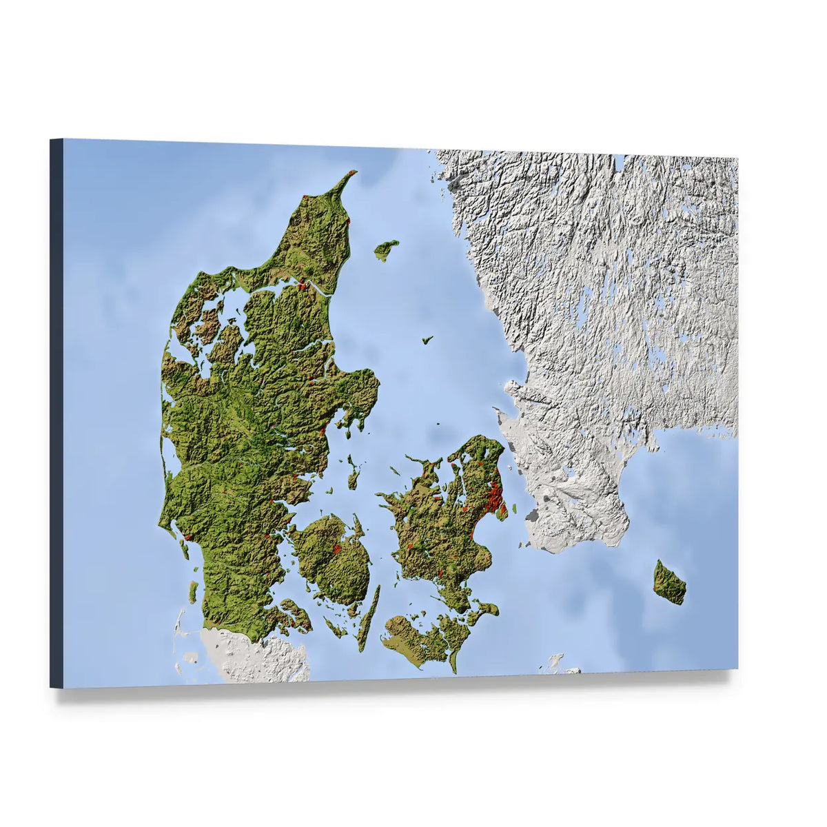 Shaded Relief Map of Denmark Canvas Wall Art, single panel gallery wrapped canvas, angled product view
