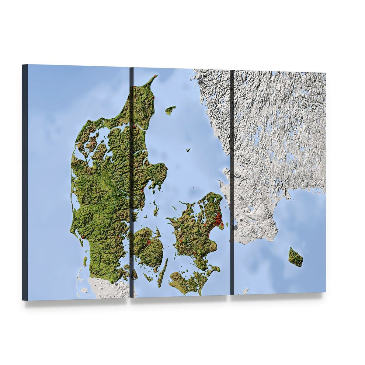 Shaded Relief Map of Denmark Canvas Wall Art, 3 panel 3 Horizontal layout gallery wrapped canvas set, angled product view