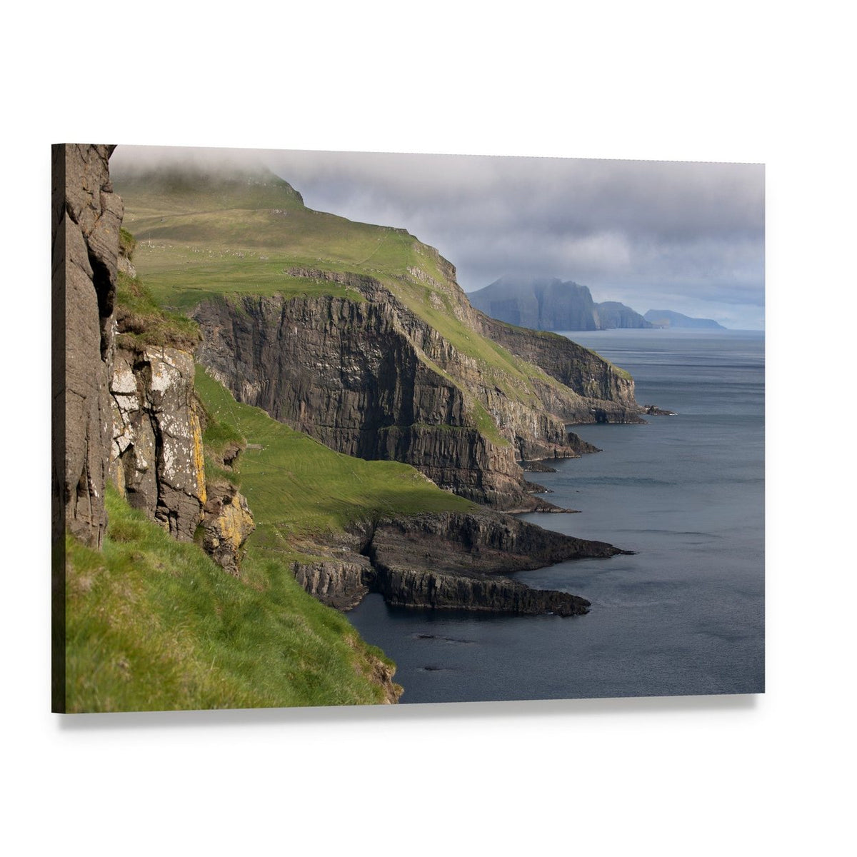 Mykines Coastal Cliffs and Misty Mountains Canvas Wall Art, single panel gallery wrapped canvas, angled product view