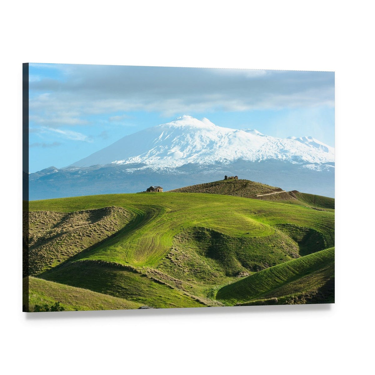 Mount Etna Over Farmhouse and Fields Canvas Wall Art, single panel gallery wrapped canvas, angled product view