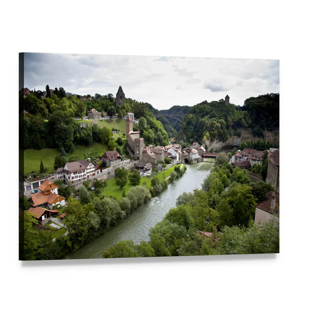Fribourg River and Stone Bridge Canvas Wall Art, single panel gallery wrapped canvas, angled product view