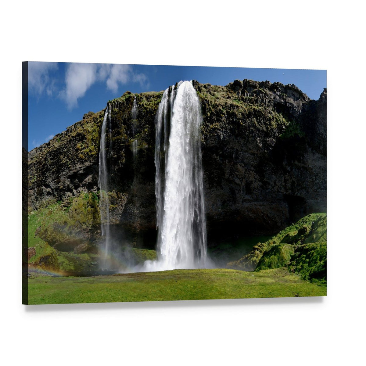 Serene Waterfall with Rainbow Mist Canvas Wall Art, single panel gallery wrapped canvas, angled product view