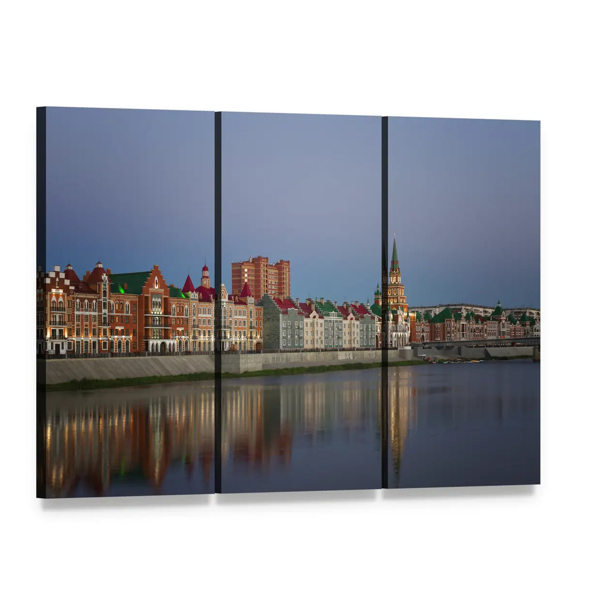 Yoshkar-ola Riverfront at Sunset Canvas Wall Art, 3 panel 3 Horizontal layout gallery wrapped canvas set, angled product view