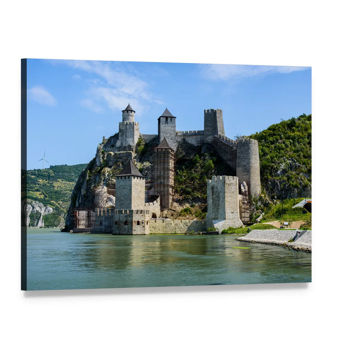 Medieval Golubac Fortress Canvas Wall Art, single panel gallery wrapped canvas, angled product view