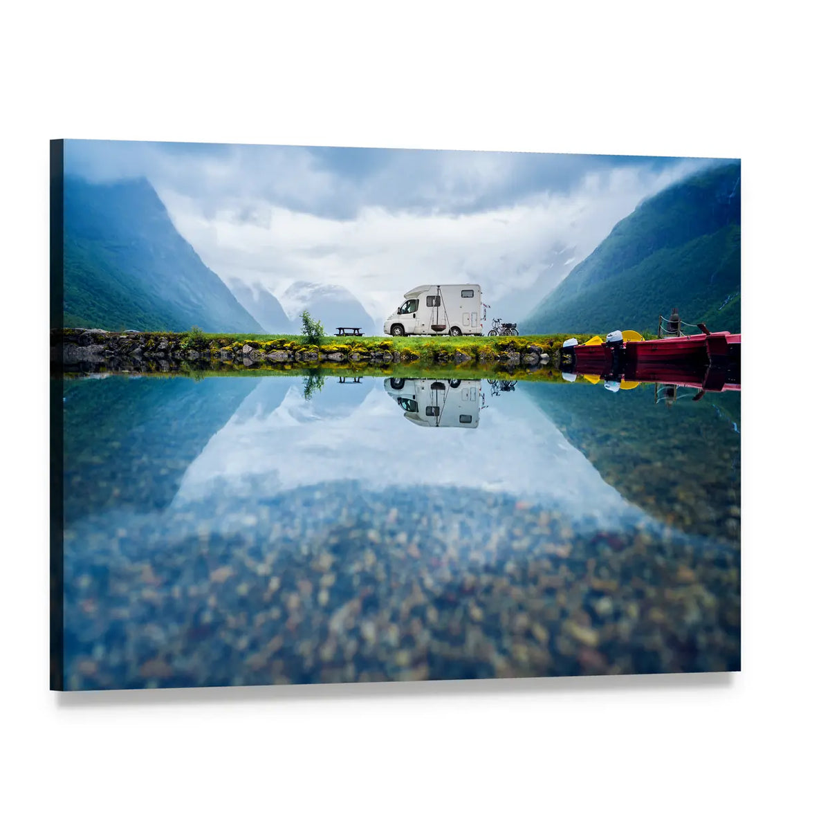 Motorhome by Mountain Lake, Norway Canvas Wall Art, single panel gallery wrapped canvas, angled product view