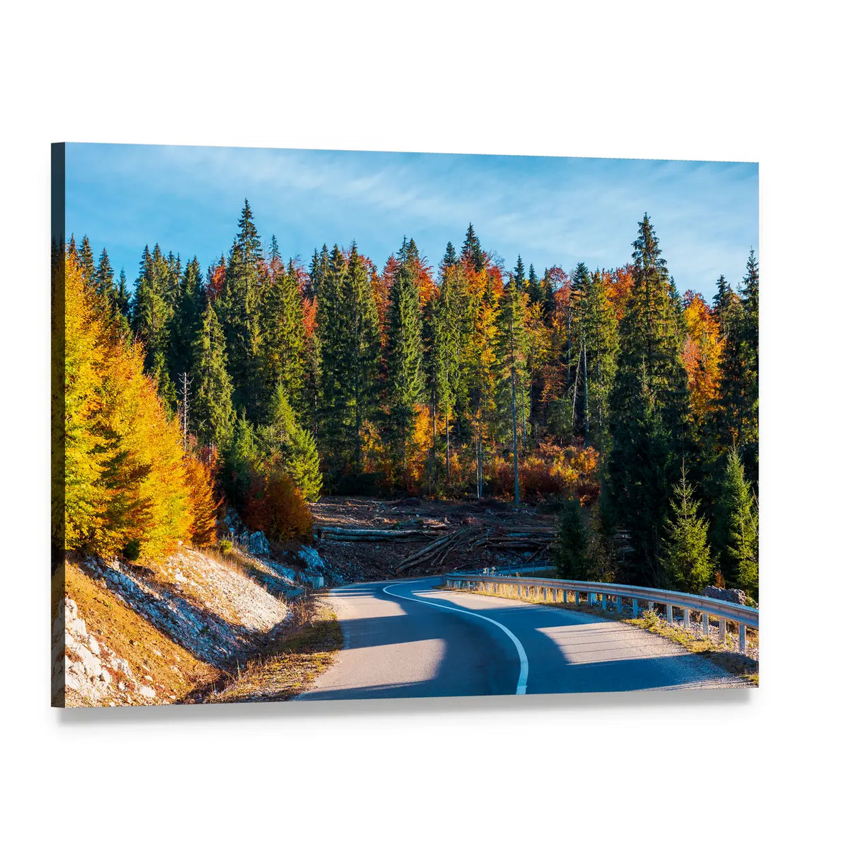 Winding Mountain Road in Autumn Forest Canvas Wall Art, single panel gallery wrapped canvas, angled product view