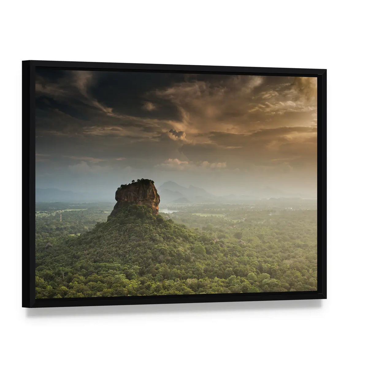 Sigiriya Lion Rock Fortress Canvas Wall Art, framed canvas in a black floater frame, angled product view