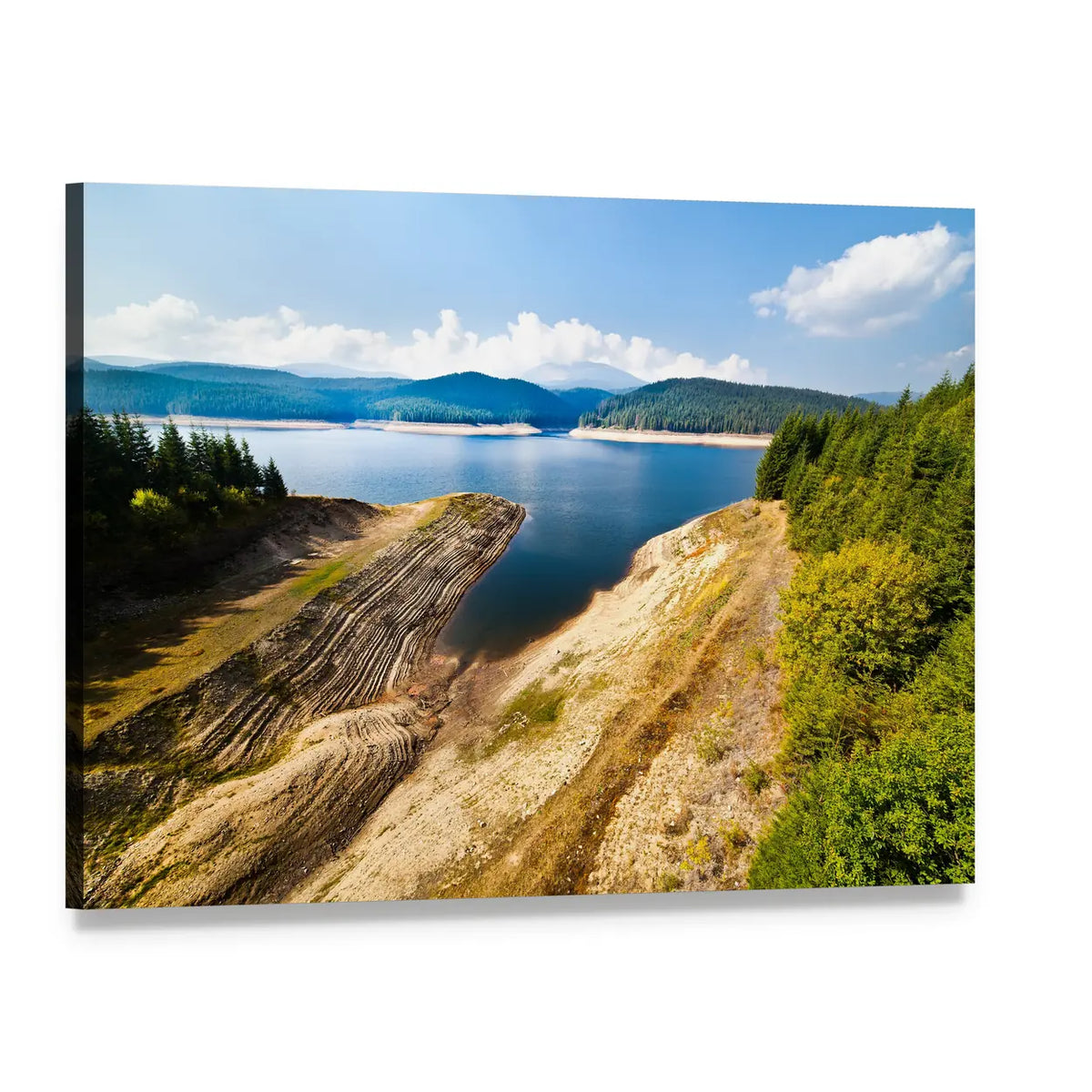 Blue Lake with Terraced Shoreline Canvas Wall Art, single panel gallery wrapped canvas, angled product view