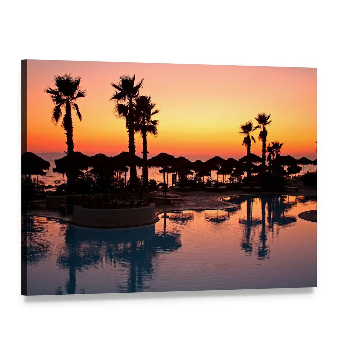 Tropical Resort Sunset Canvas Wall Art, single panel gallery wrapped canvas, angled product view