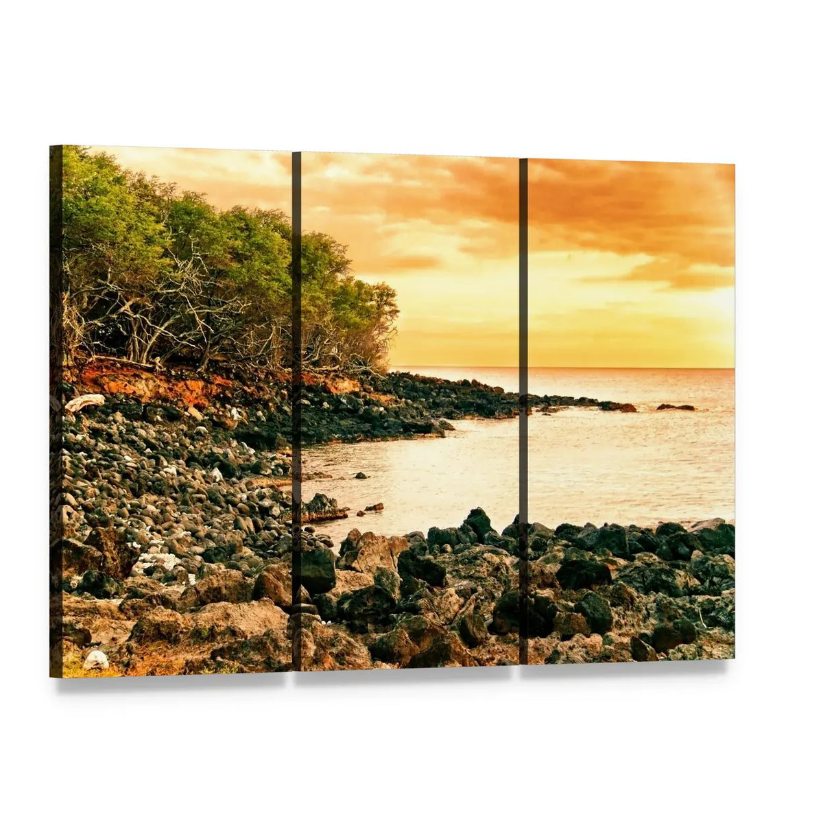 Sunset Over Volcanic Coastline Canvas Wall Art, 3 panel 3 Horizontal layout gallery wrapped canvas set, angled product view