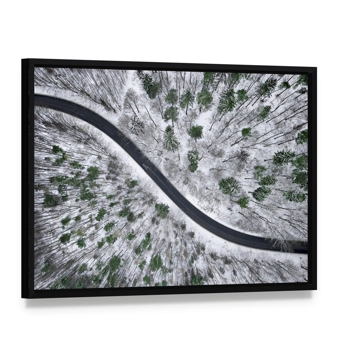 Winter Road In Snowy Forest Canvas Wall Art, framed canvas in a black floater frame, angled product view