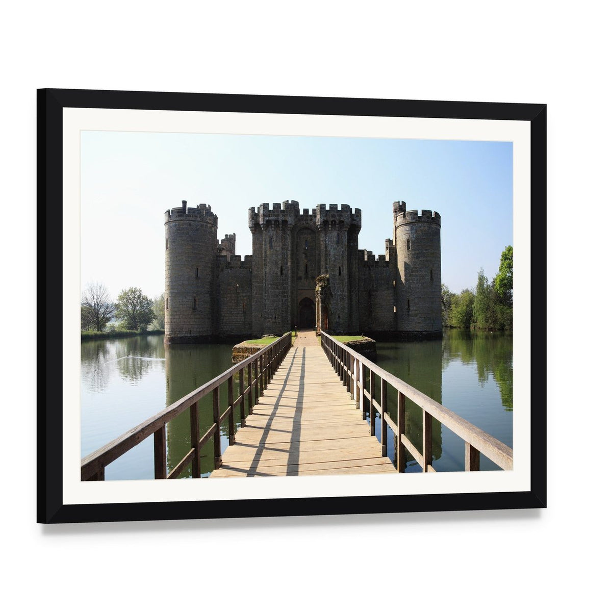 Bodiam Castle with Drawbridge and Moat Canvas Wall Art, framed print with white mat and black frame, angled product view