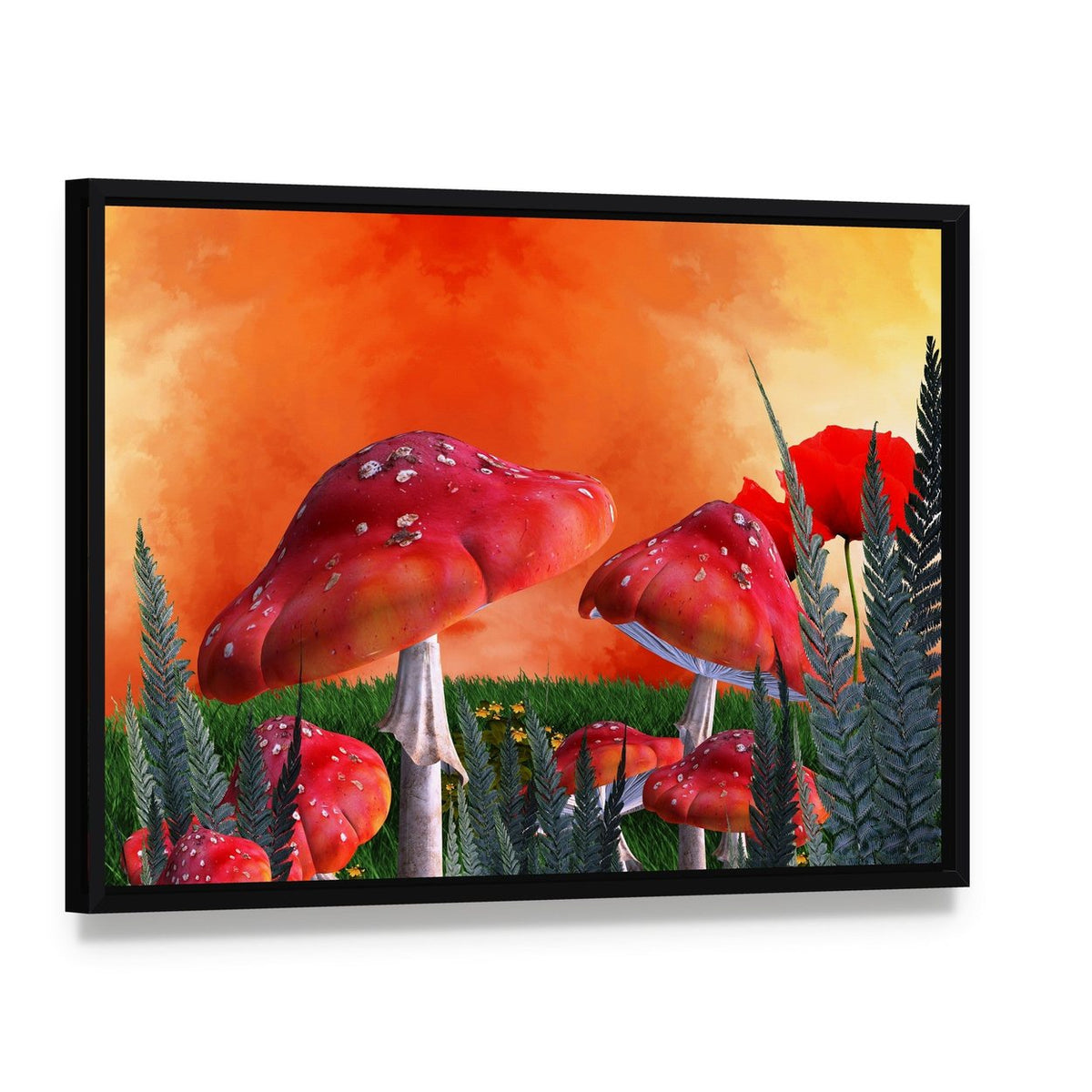 Enchanted Red Mushroom Forest Canvas Wall Art, framed canvas in a black floater frame, angled product view