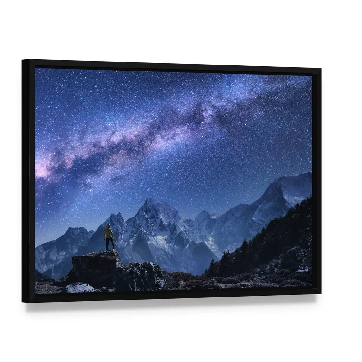 Milky Way Over Snow-covered Peaks Canvas Wall Art, framed canvas in a black floater frame, angled product view