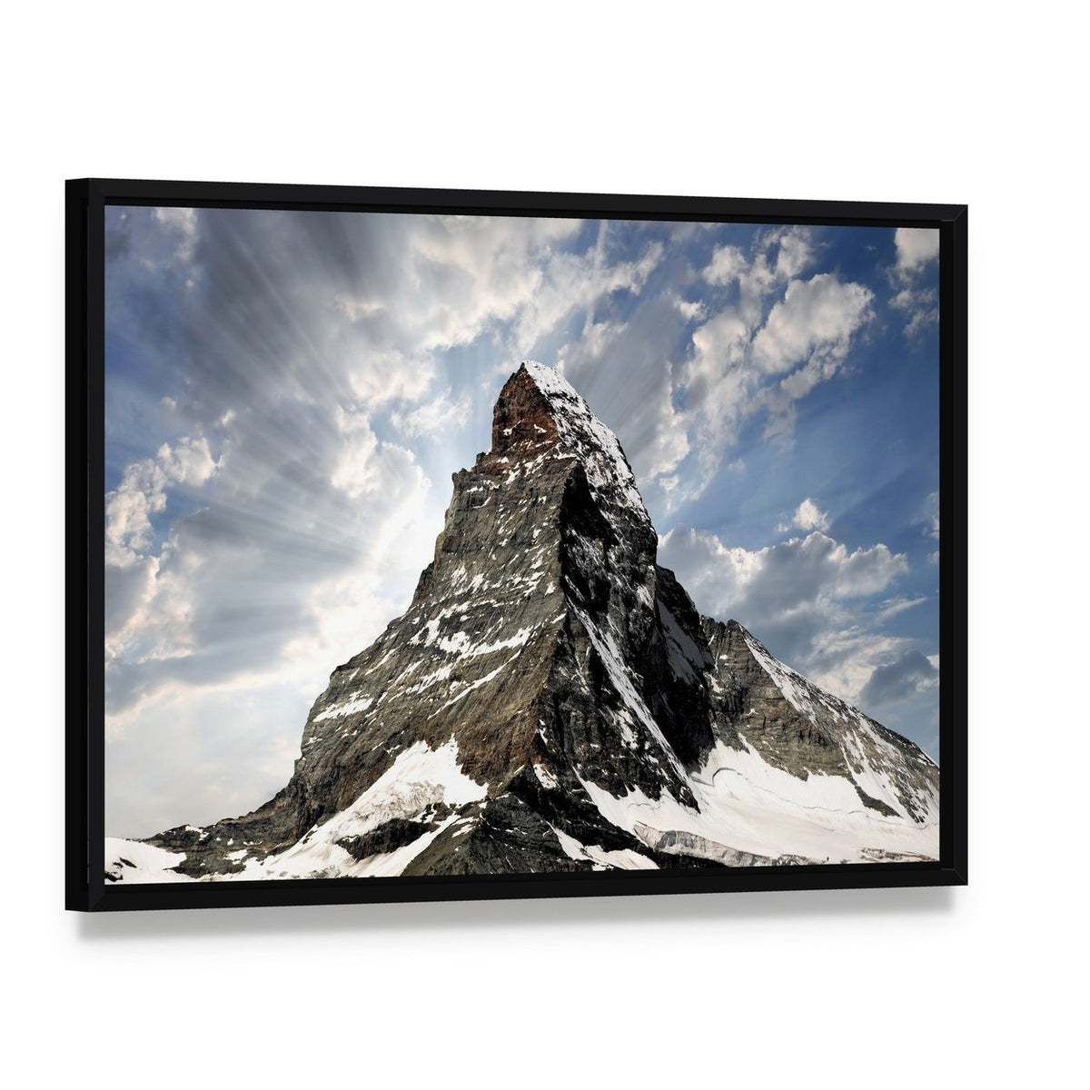 Matterhorn with Sun Rays Breaking Through Clouds Canvas Wall Art, framed canvas in a black floater frame, angled product view