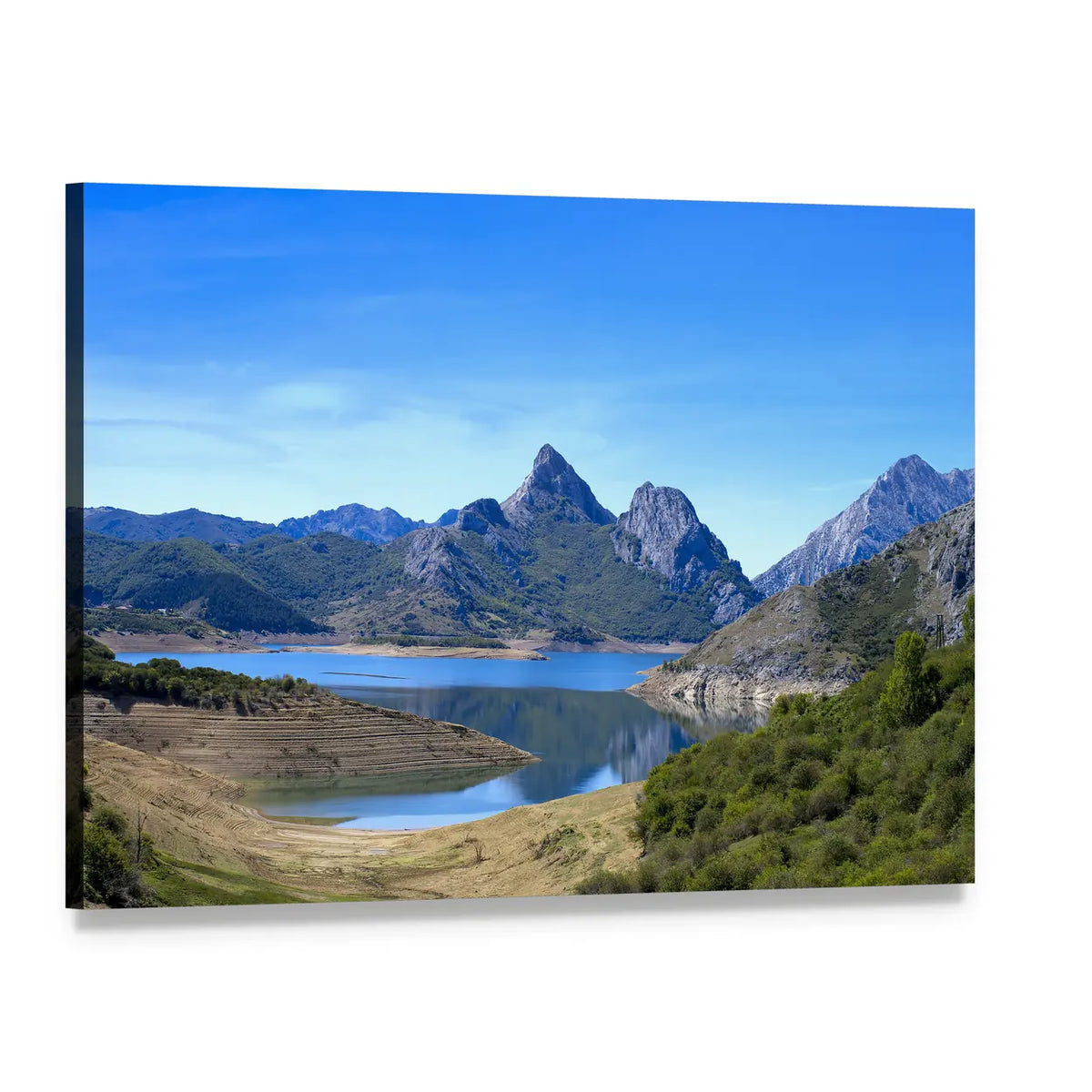 Mountain Landscape with Small Lake Canvas Wall Art, single panel gallery wrapped canvas, angled product view