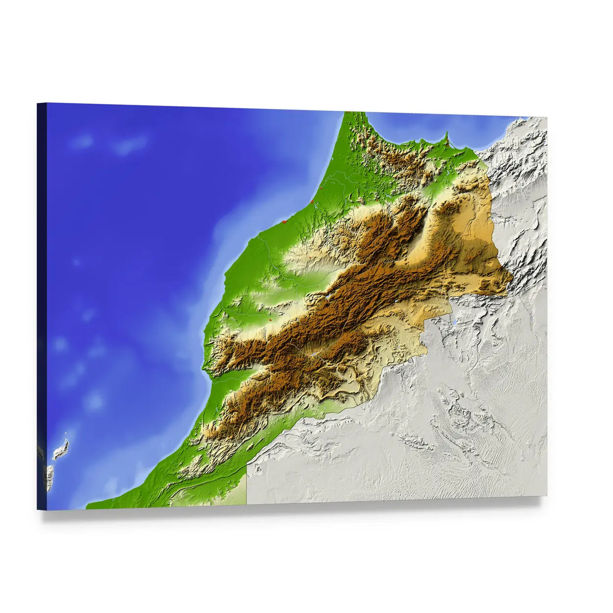 Morocco Topographic Relief Map Canvas Wall Art, single panel gallery wrapped canvas, angled product view