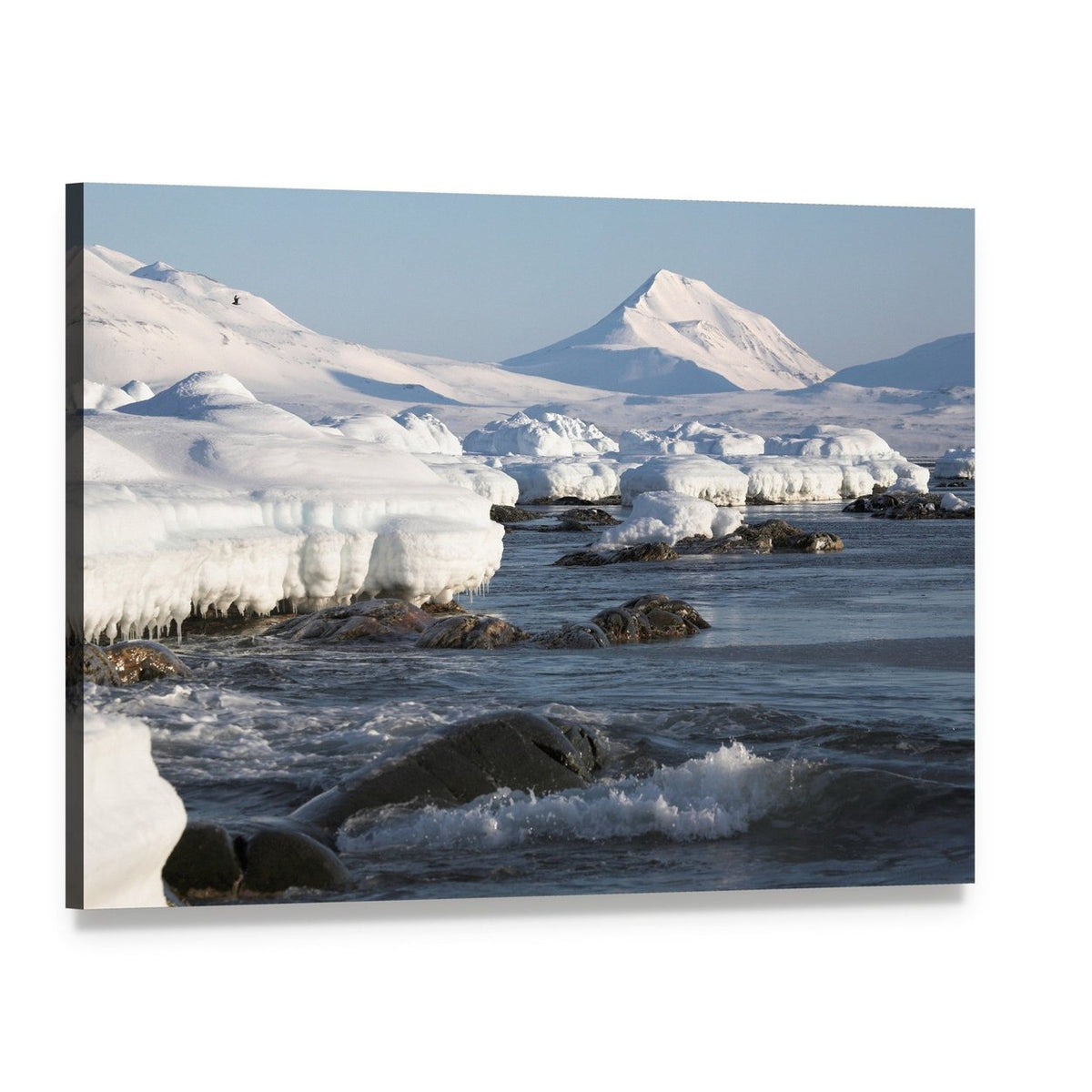 Icy Arctic Landscape with Crashing Waves Canvas Wall Art, single panel gallery wrapped canvas, angled product view