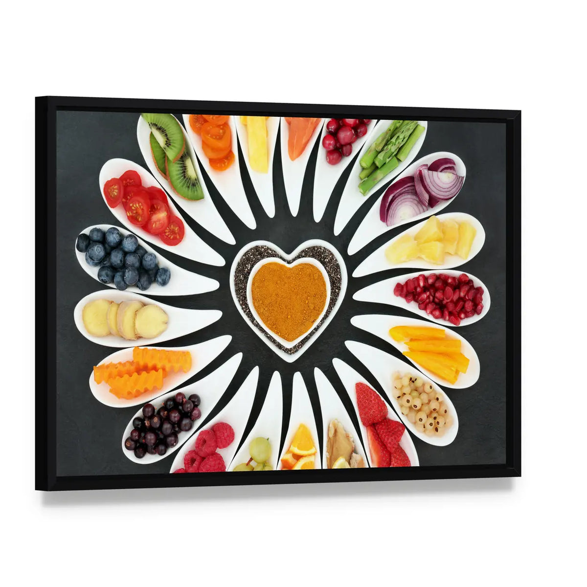 Healthy Heart Food Canvas Wall Art, framed canvas in a black floater frame, angled product view