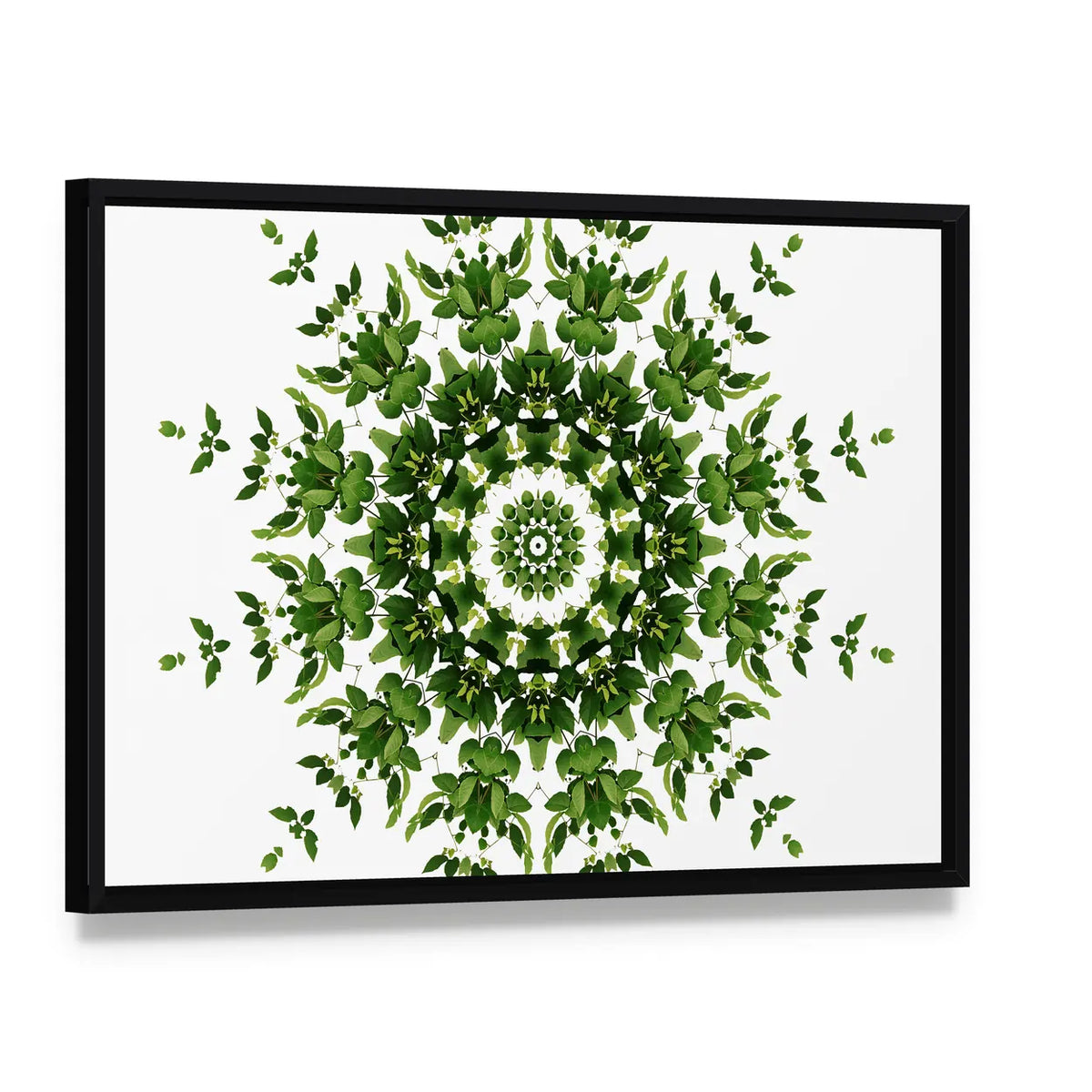 Green Mandala Pattern Canvas Wall Art, framed canvas in a black floater frame, angled product view