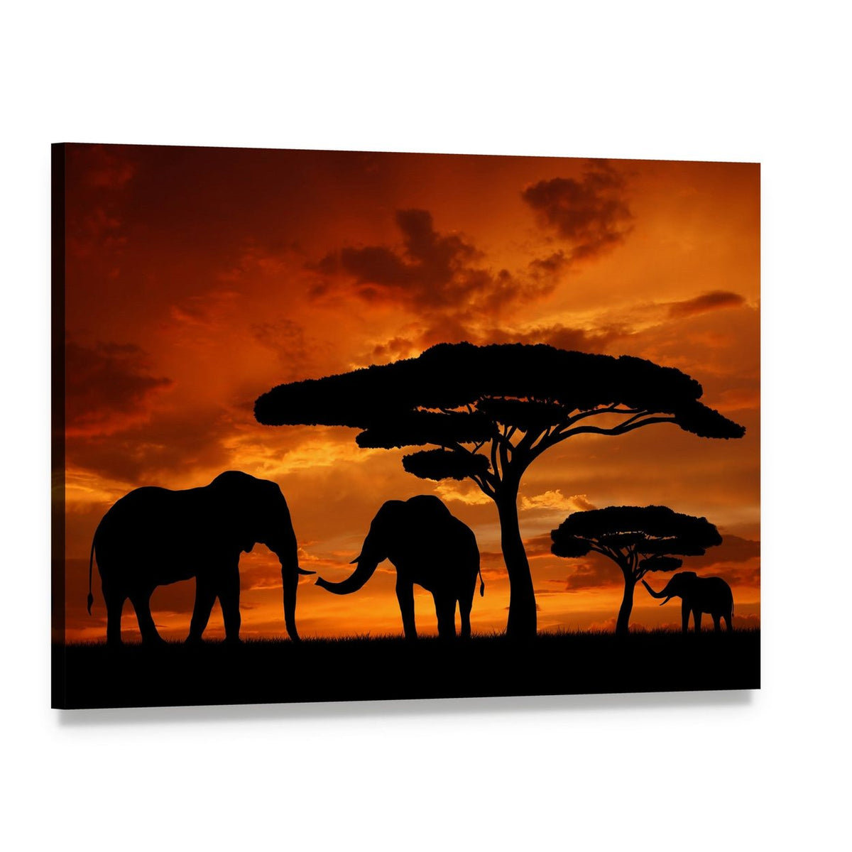 Silhouette of Two Elephants in the Sunset Canvas Wall Art, single panel gallery wrapped canvas, angled product view