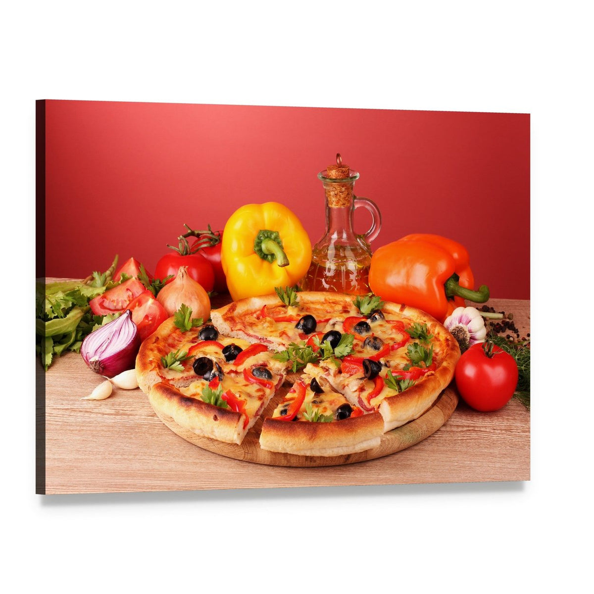 Pizza and Vegetables on a Table Canvas Wall Art, single panel gallery wrapped canvas, angled product view
