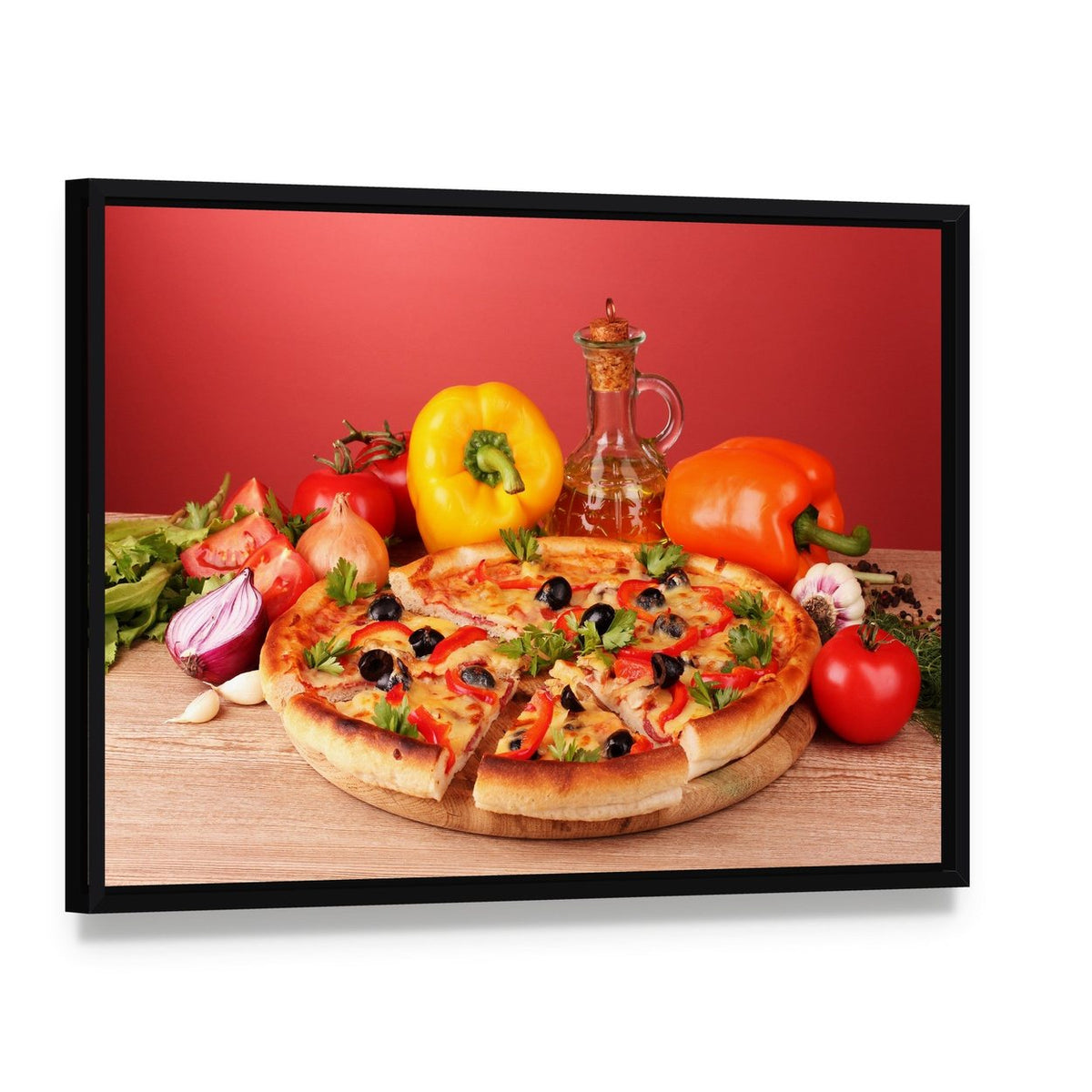 Pizza and Vegetables on a Table Canvas Wall Art, framed canvas in a black floater frame, angled product view