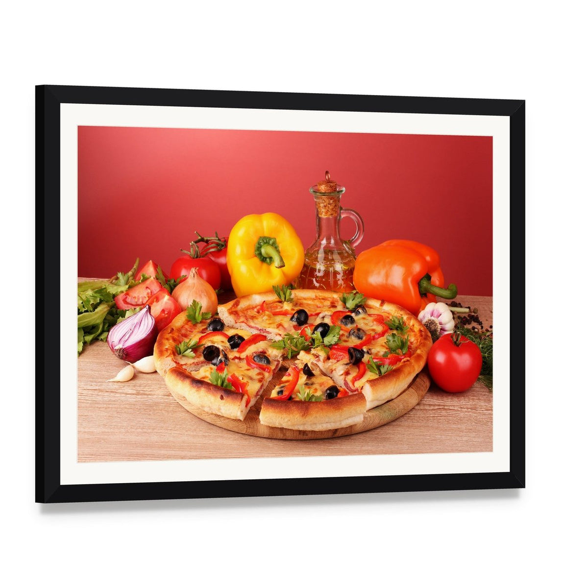 Pizza and Vegetables on a Table Canvas Wall Art, framed print with white mat and black frame, angled product view