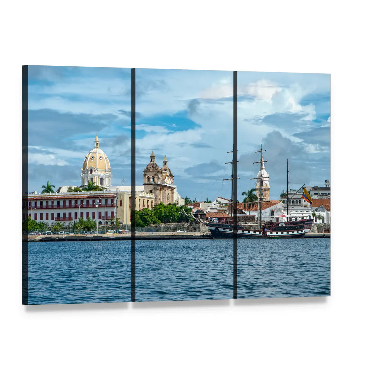 Cartagena Harbor with Domed Buildings and Tall Ship Canvas Wall Art, 3 panel 3 Horizontal layout gallery wrapped canvas set, angled product view