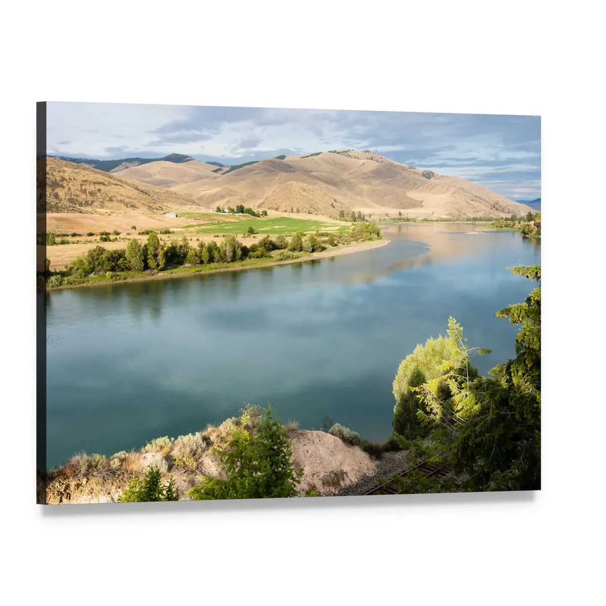 Mountain River with Water Reflections Canvas Wall Art, single panel gallery wrapped canvas, angled product view