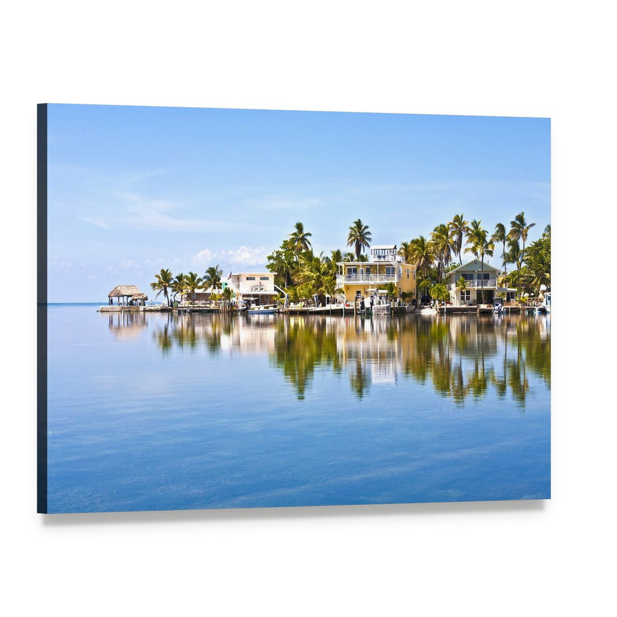 Tropical Waterfront Houses with Palm Trees Canvas Wall Art, single panel gallery wrapped canvas, angled product view