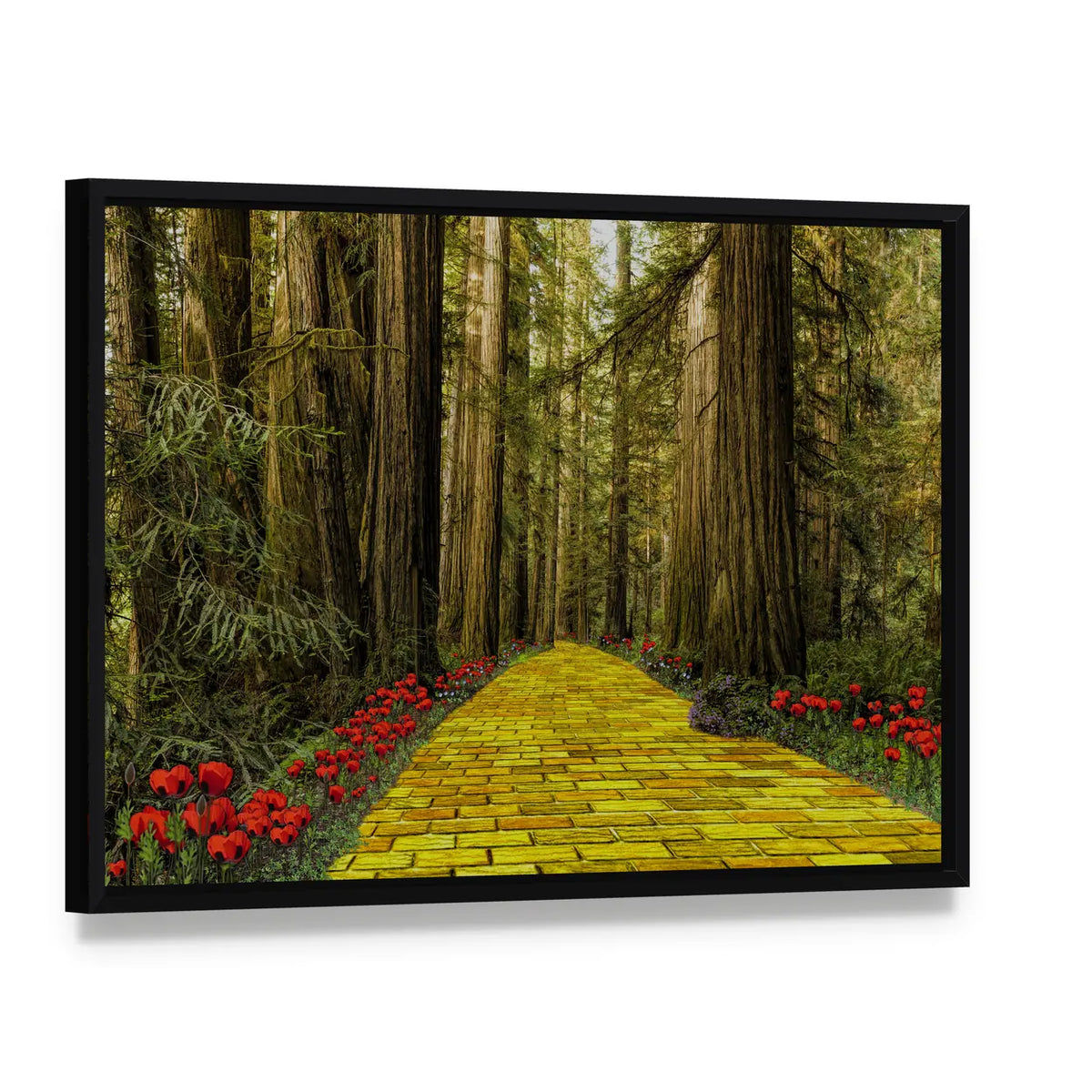 Yellow Brick Road Path In Garden Canvas Wall Art, framed canvas in a black floater frame, angled product view