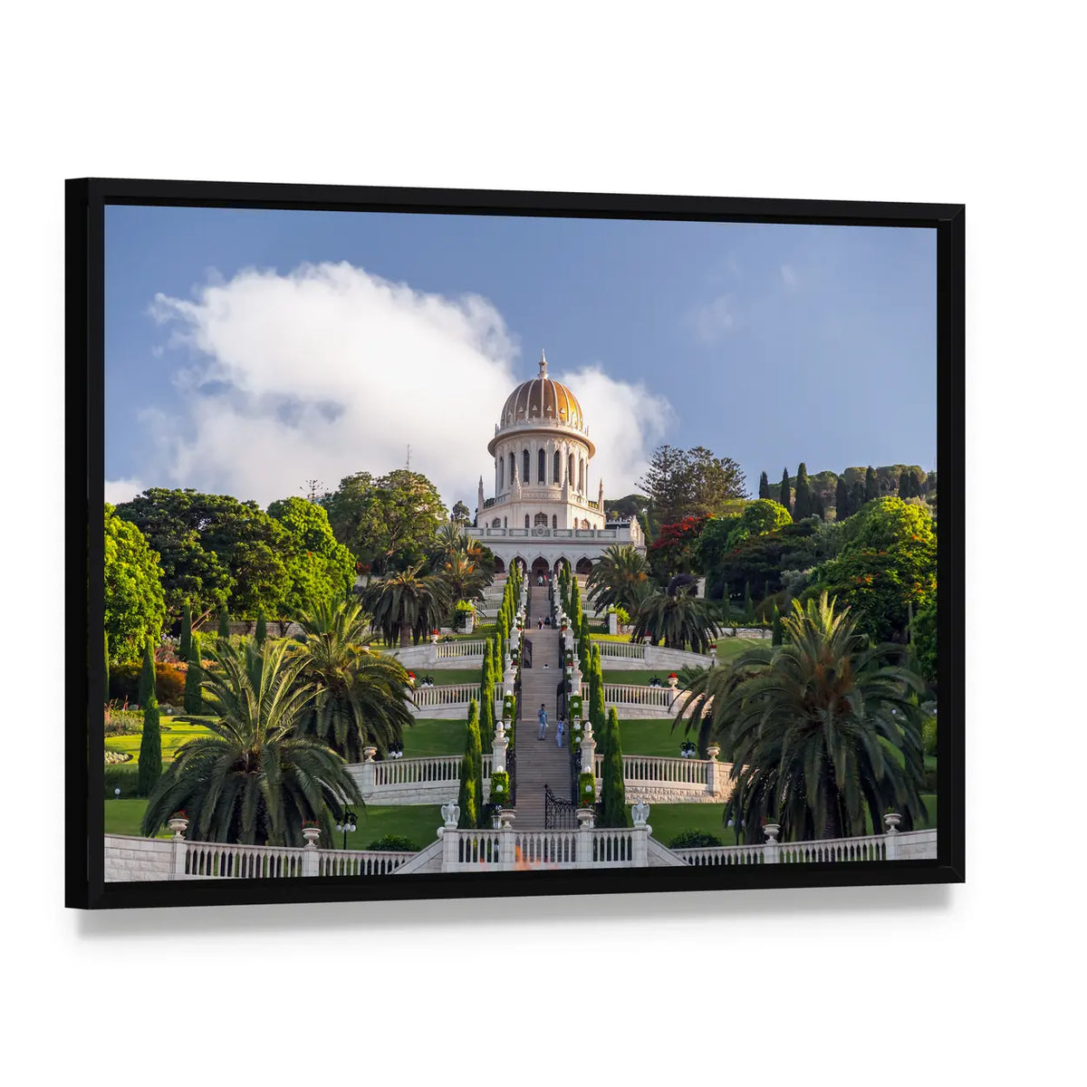 Baháʼí Gardens Golden Dome, Haifa Canvas Wall Art, framed canvas in a black floater frame, angled product view