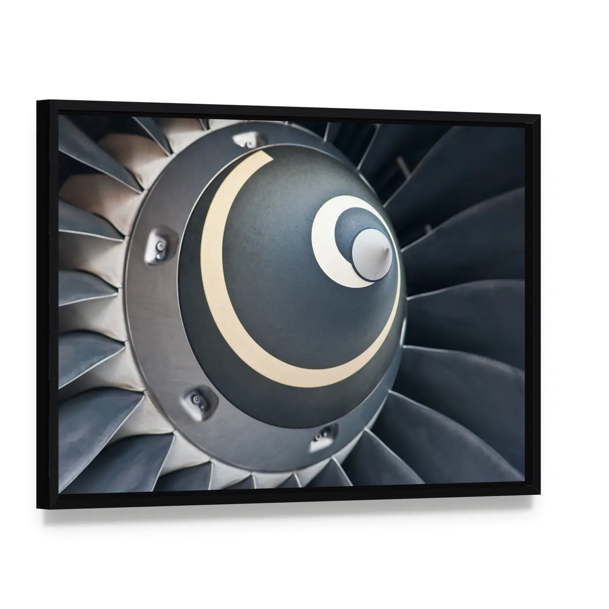 Jet Engine Turbine Blades Canvas Wall Art, framed canvas in a black floater frame, angled product view