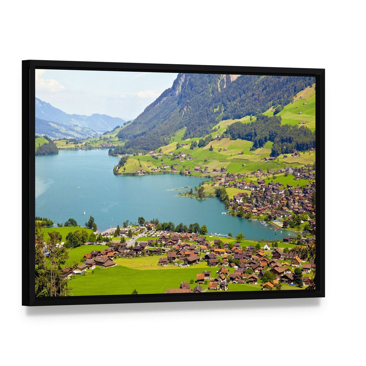 Lungern Village Switzerland Canvas Wall Art, framed canvas in a black floater frame, angled product view