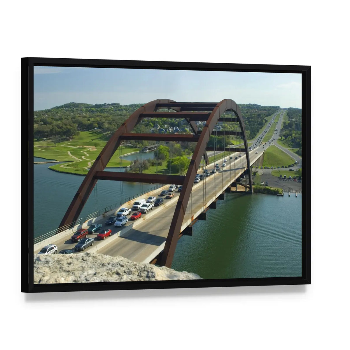 Arch Bridge in Austin, Texas Canvas Wall Art, framed canvas in a black floater frame, angled product view