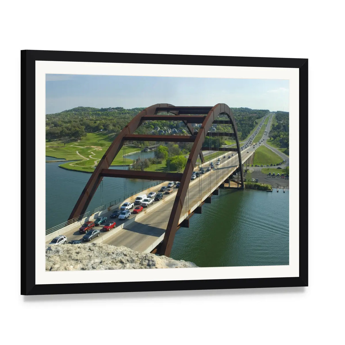 Arch Bridge in Austin, Texas Canvas Wall Art, framed print with white mat and black frame, angled product view