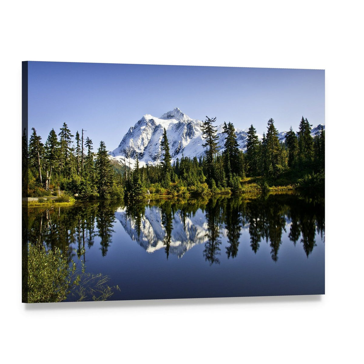 Mount Baker Reflected in Lake Canvas Wall Art, single panel gallery wrapped canvas, angled product view
