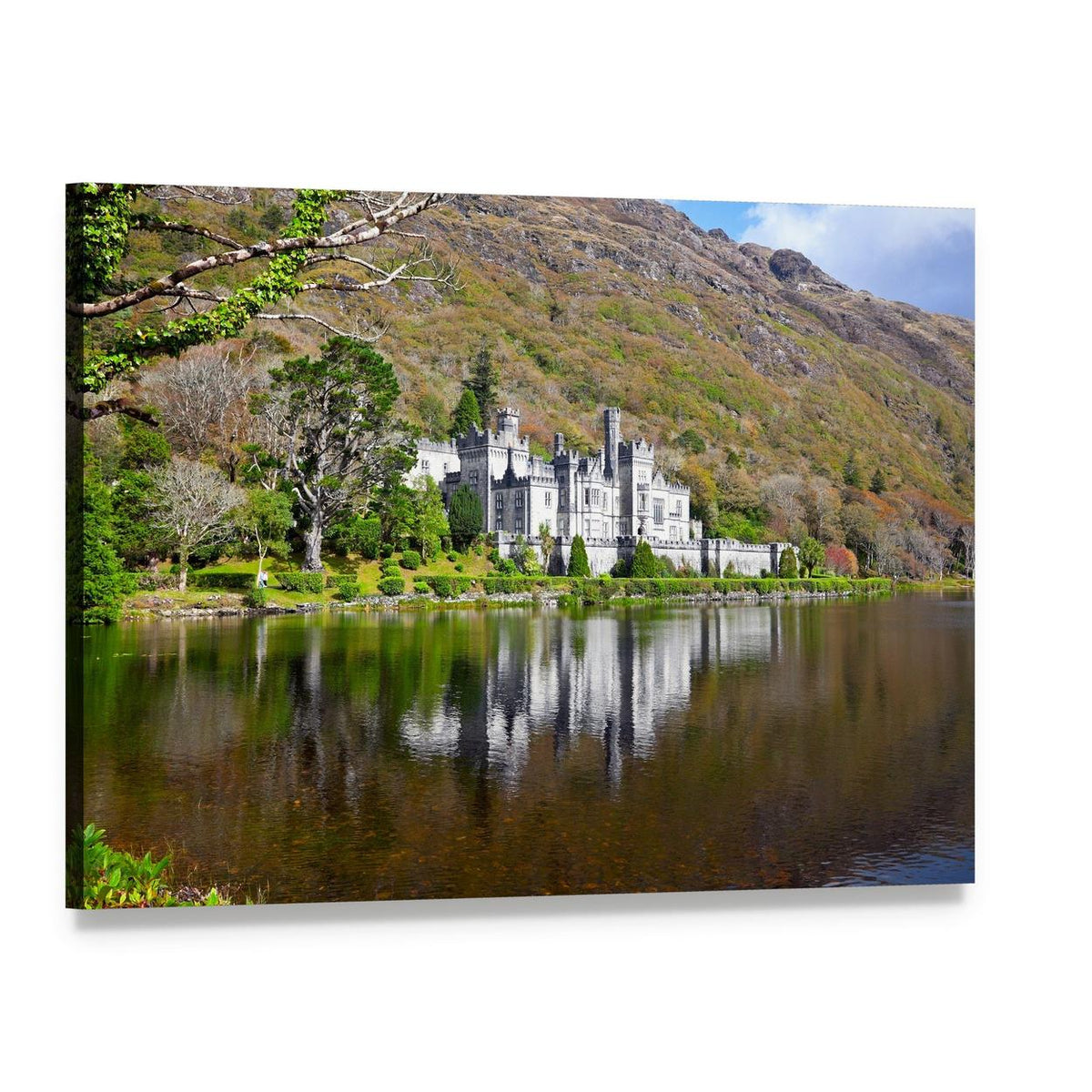Kylemore Abbey Artwork Canvas Wall Art, single panel gallery wrapped canvas, angled product view