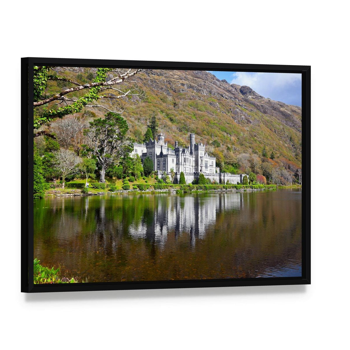 Kylemore Abbey Artwork Canvas Wall Art, framed canvas in a black floater frame, angled product view