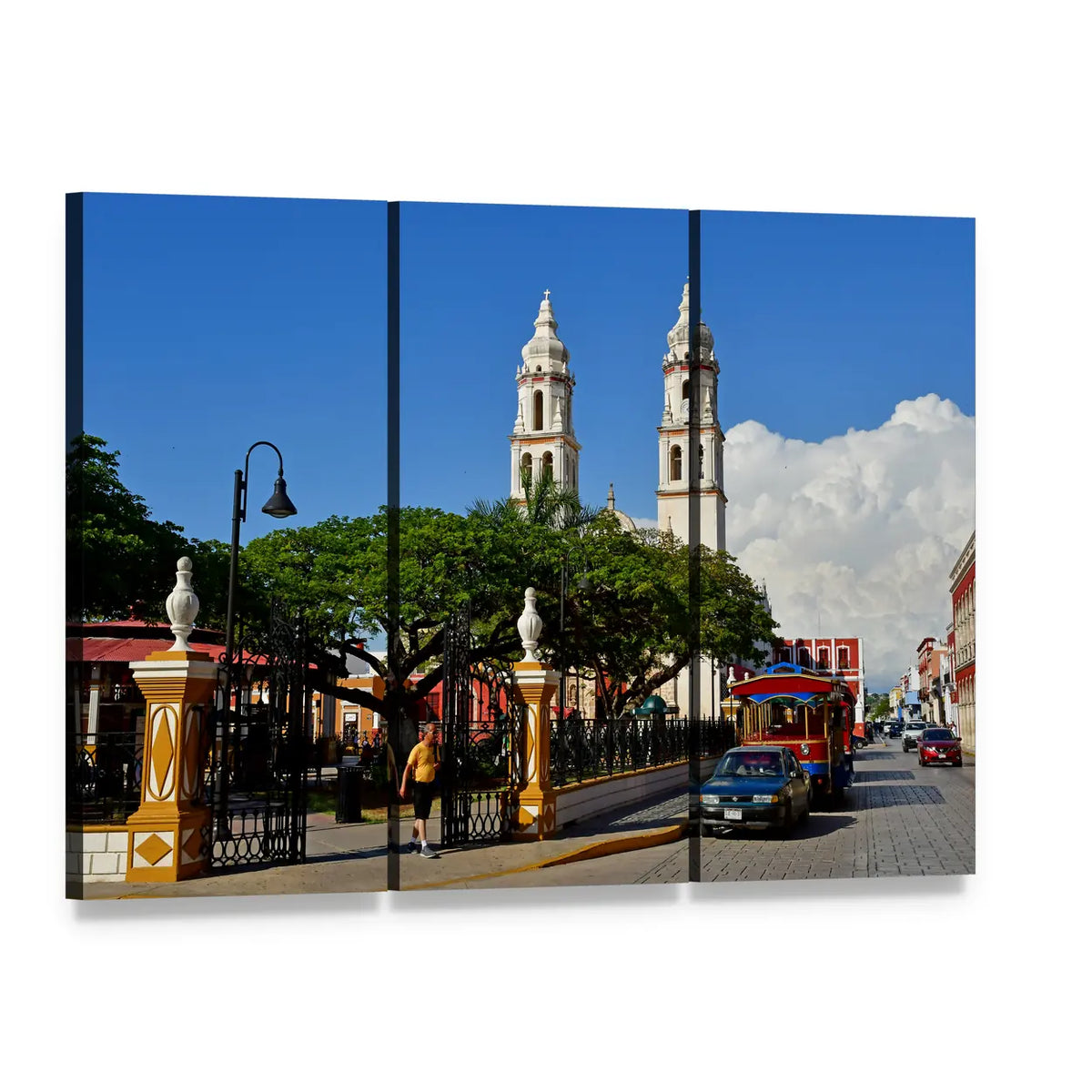 San Francisco De Campeche Cathedral Plaza Canvas Wall Art, 3 panel 3 Horizontal layout gallery wrapped canvas set, angled product view