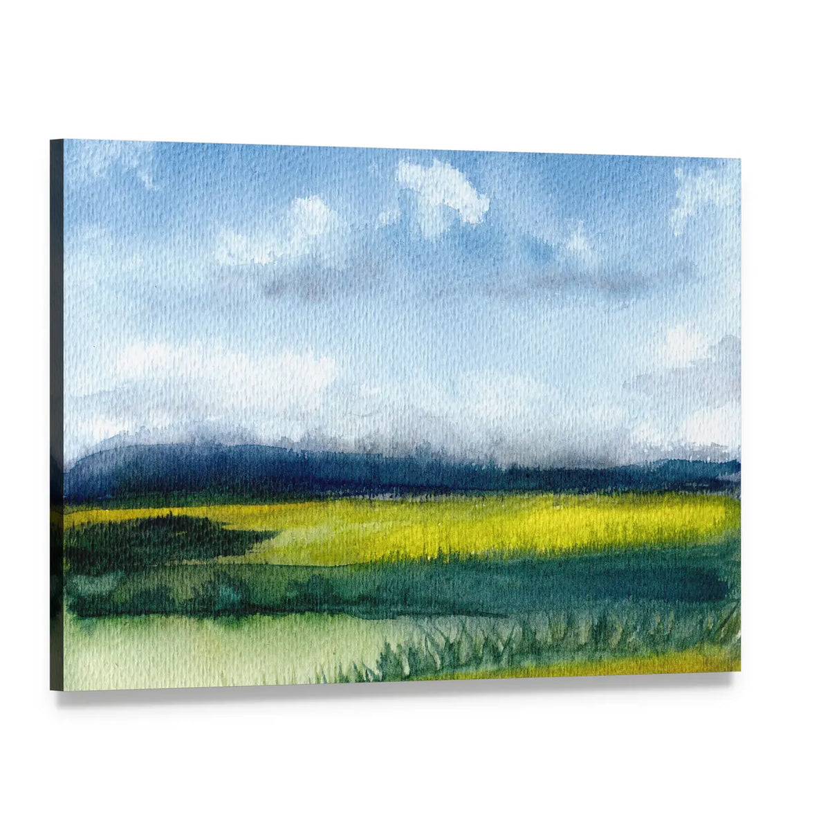 Hand-drawn Fields Watercolor Canvas Wall Art, single panel gallery wrapped canvas, angled product view