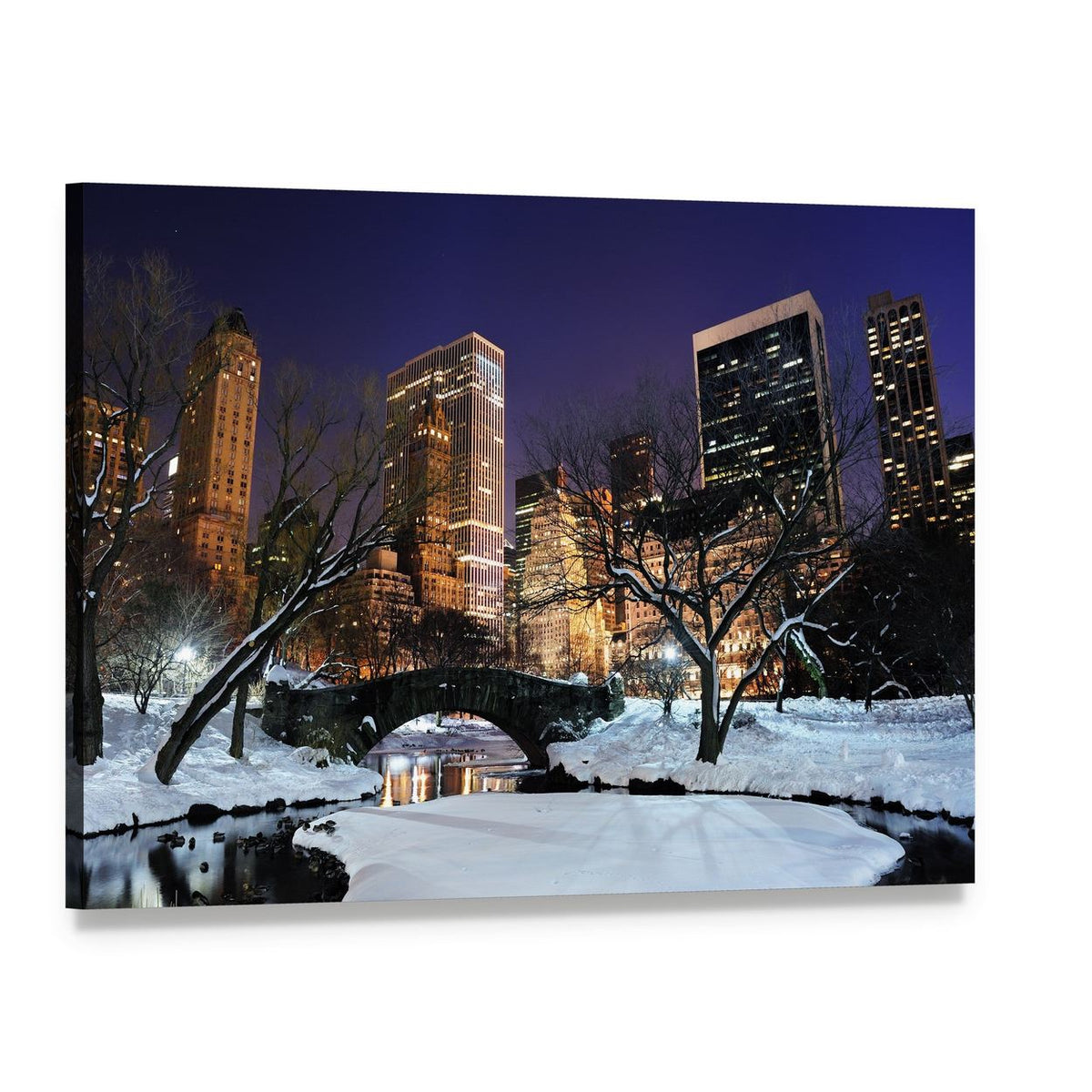 Snowy Central Park Bridge in Winter Canvas Wall Art, single panel gallery wrapped canvas, angled product view