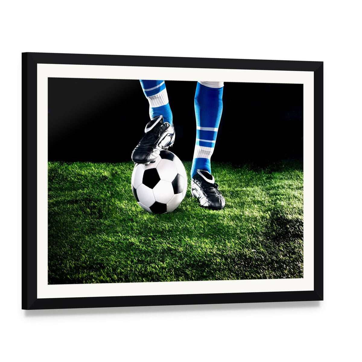 Soccer Ball and Player Canvas Wall Art, framed print with white mat and black frame, angled product view