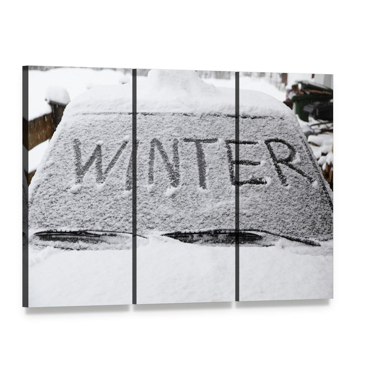 Winter with Snow Flakes on Car Screen Canvas Wall Art, 3 panel 3 Horizontal layout gallery wrapped canvas set, angled product view