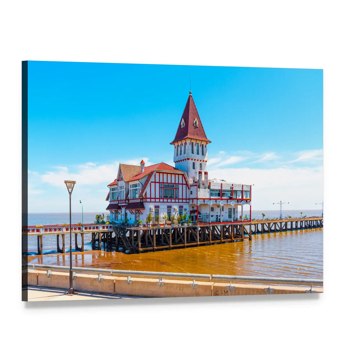 White Building with Red Trim and Pier Canvas Wall Art, single panel gallery wrapped canvas, angled product view