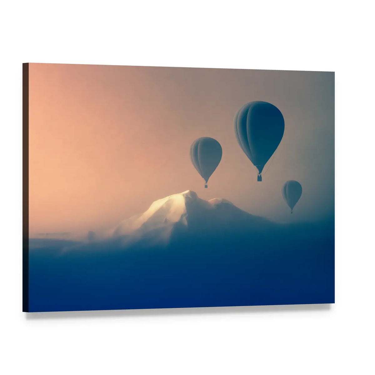 Silhouette Of Air balloon Flying In The Mountains Canvas Wall Art, single panel gallery wrapped canvas, angled product view