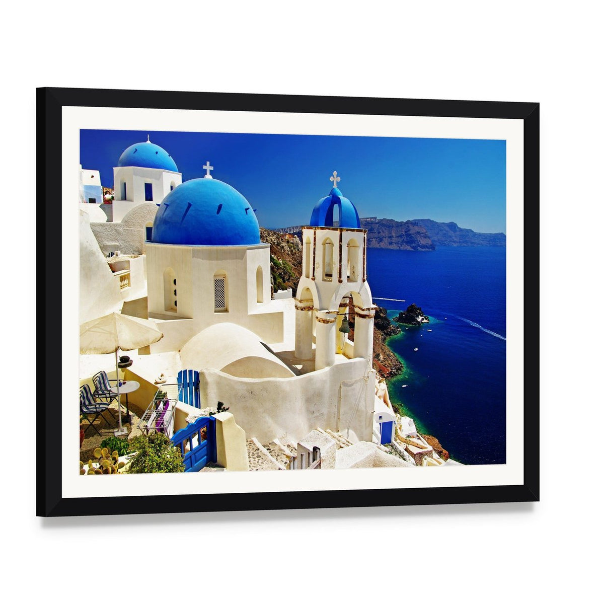Serene Blue and White Santorini Scene Canvas Wall Art, framed print with white mat and black frame, angled product view