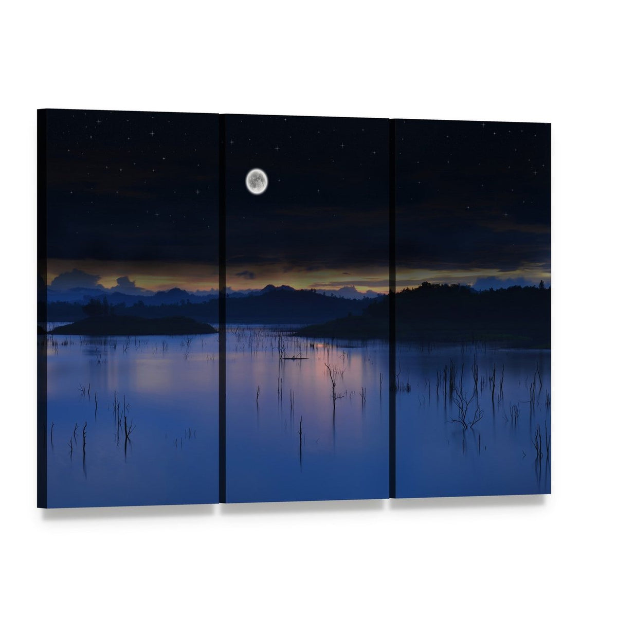 Full Moon Over Lake Canvas Wall Art, 3 panel 3 Horizontal layout gallery wrapped canvas set, angled product view