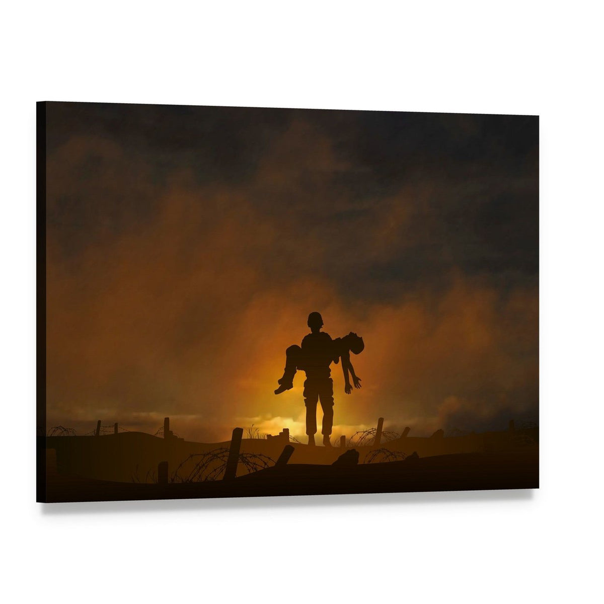 Soldier Carrying a Wounded Comrade Canvas Wall Art, single panel gallery wrapped canvas, angled product view